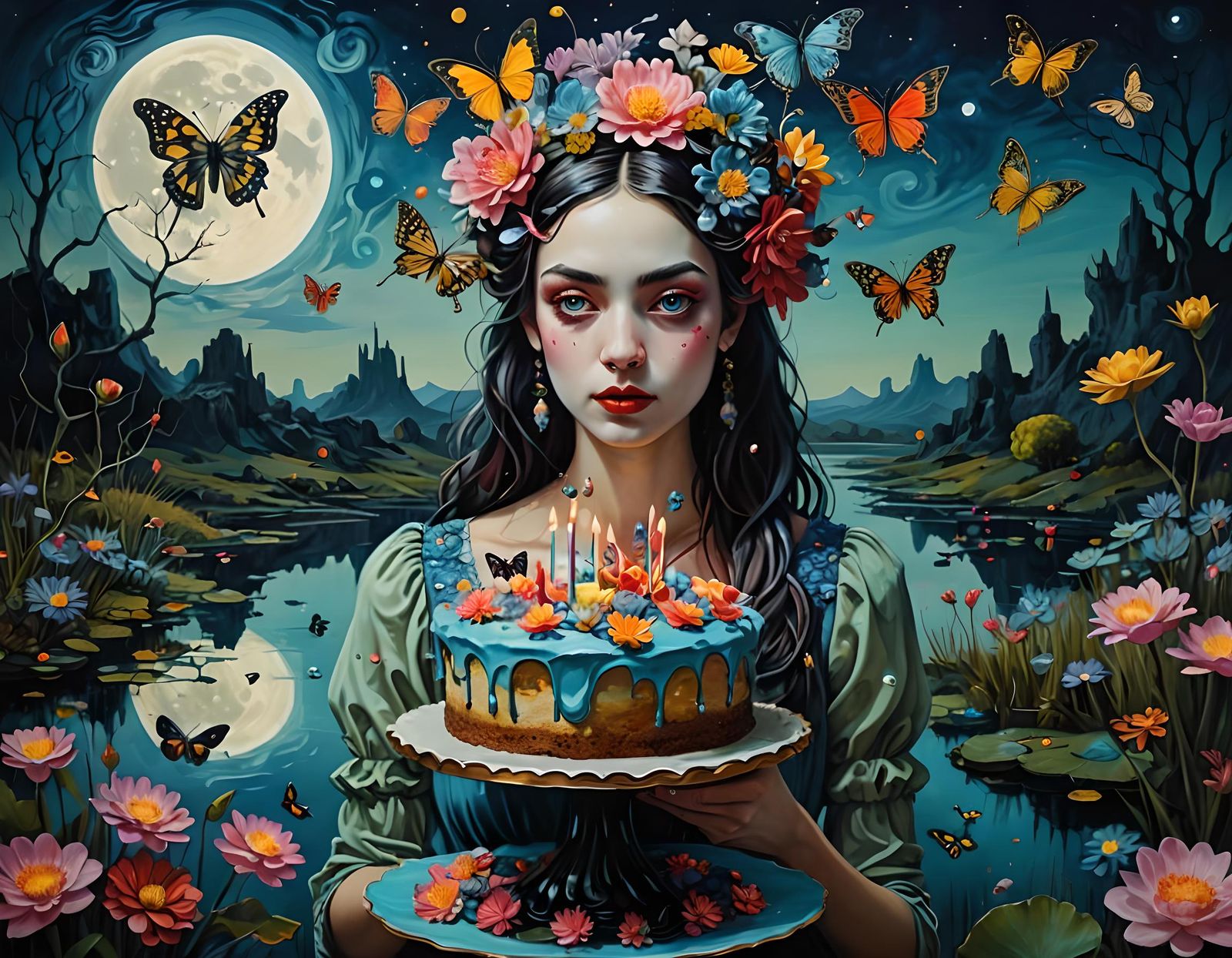 Surreal Girl with Butterflies and Birthday Cake