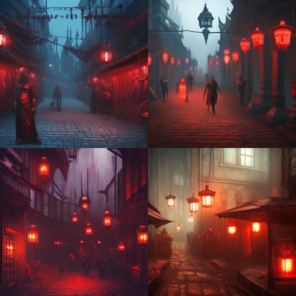 Dark Fantasy Vampire Market with Red Lanterns