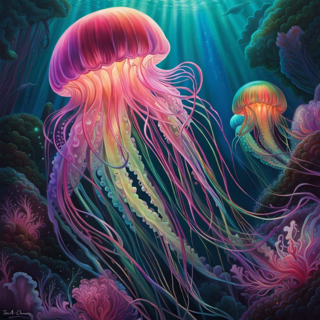 Luminescent Jellyfish with Iridescent Tentacles