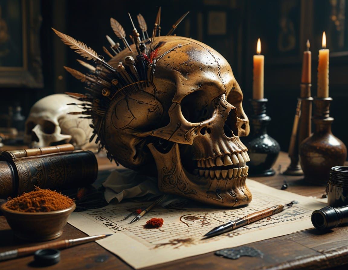 Rembrandt-Style Painting of Artist's Desk with Spilled Ink