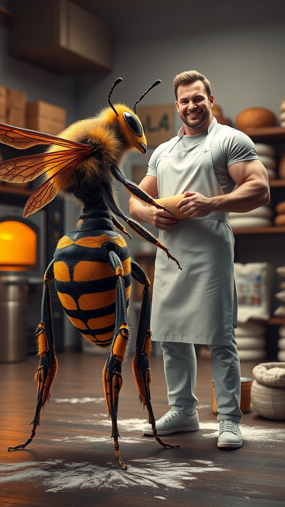 Muscular Bee and Baker in Bakery Setting
