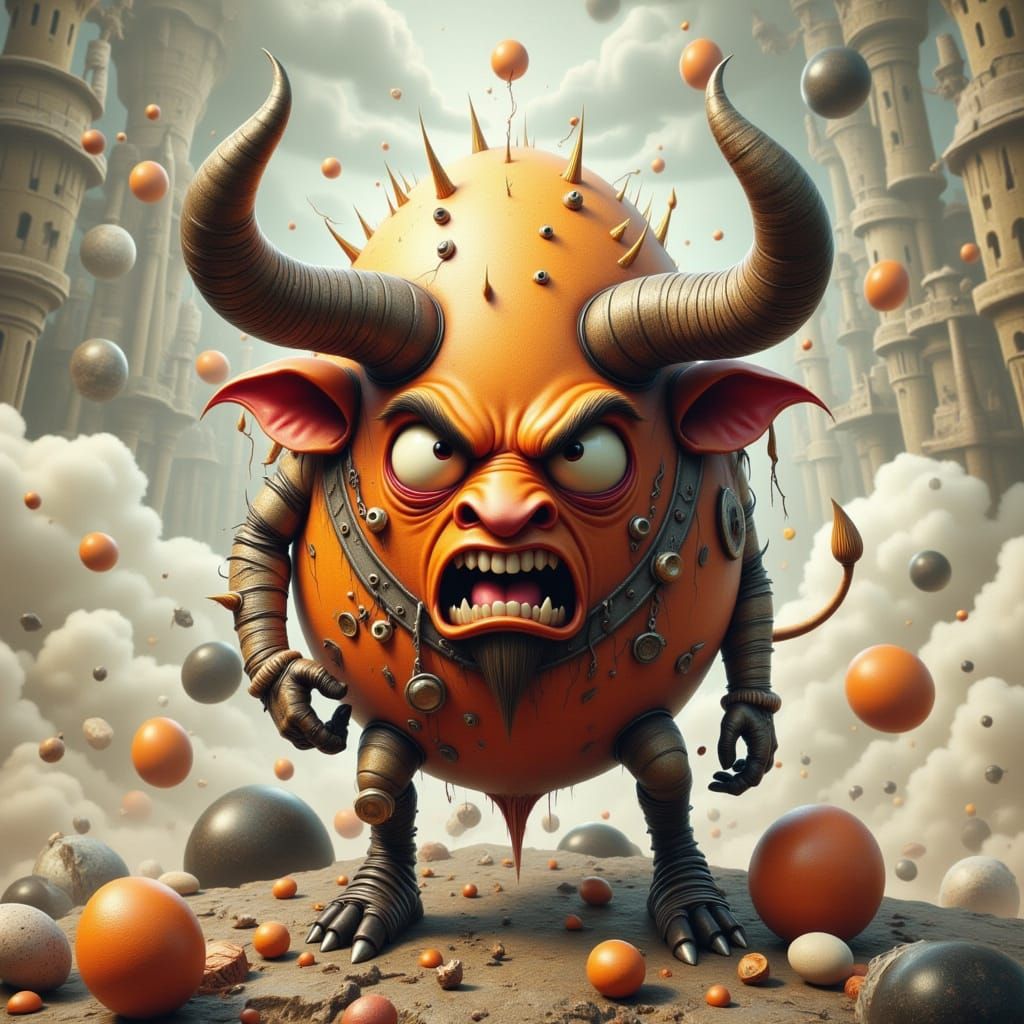 A minotaur fused with an anthropomorphic Angry Egg. The egg's head has bull's horns growing out of it, and the angry egg...