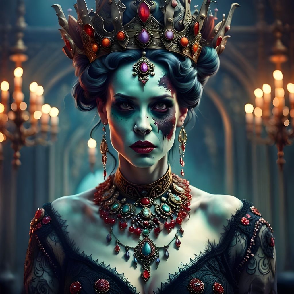 Elaborate Zombie Queen with Gothic Jewels and Mosaic Dress