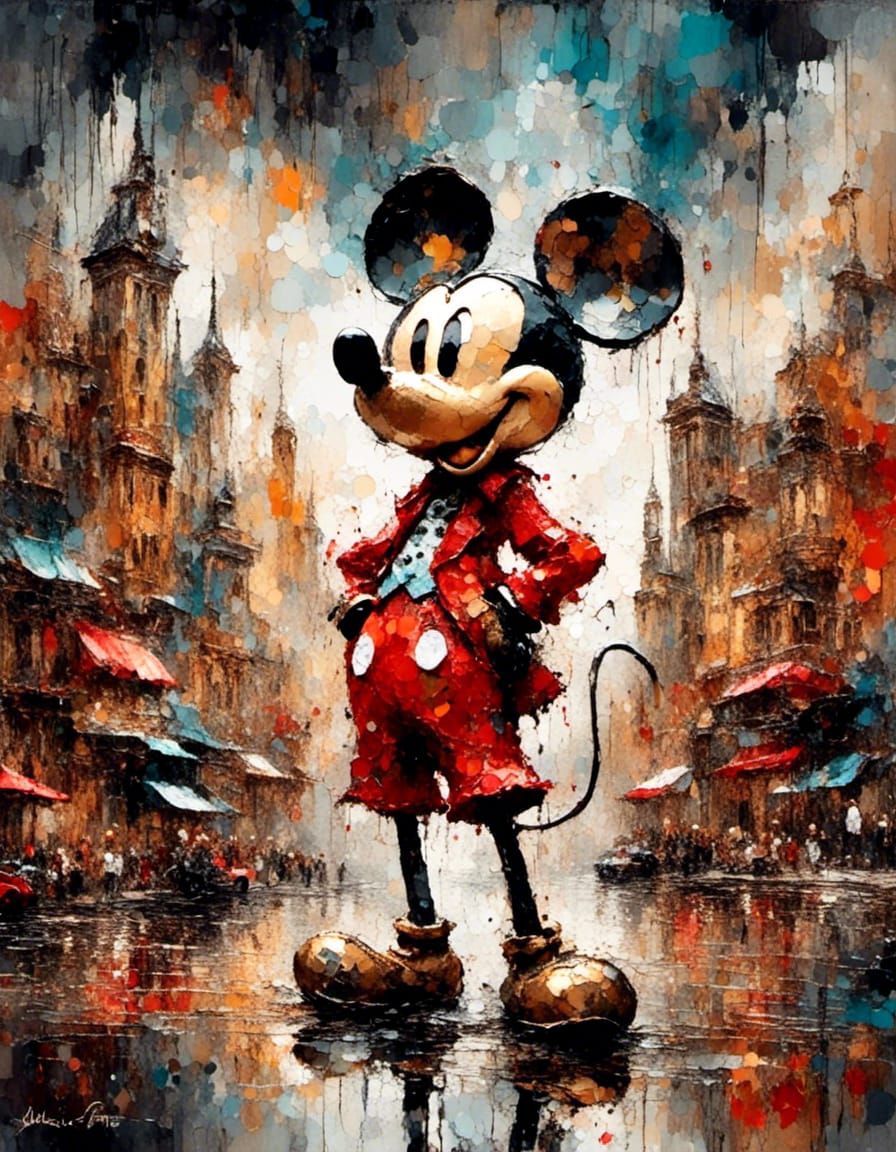 Mickey Mouse in Colorful Cityscape, Digital Illustration