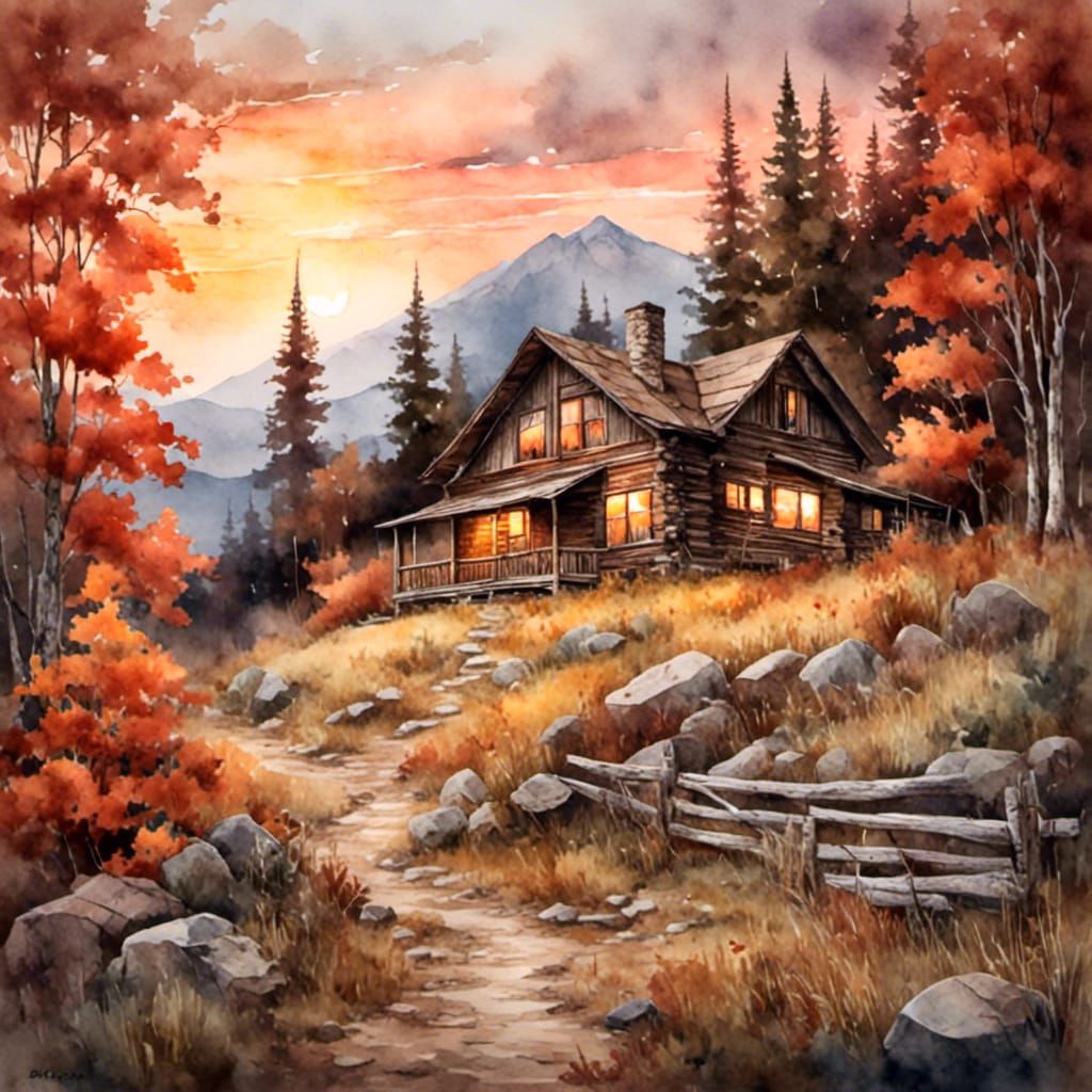 Rusty Mountain Cabin in Antique Watercolor Style