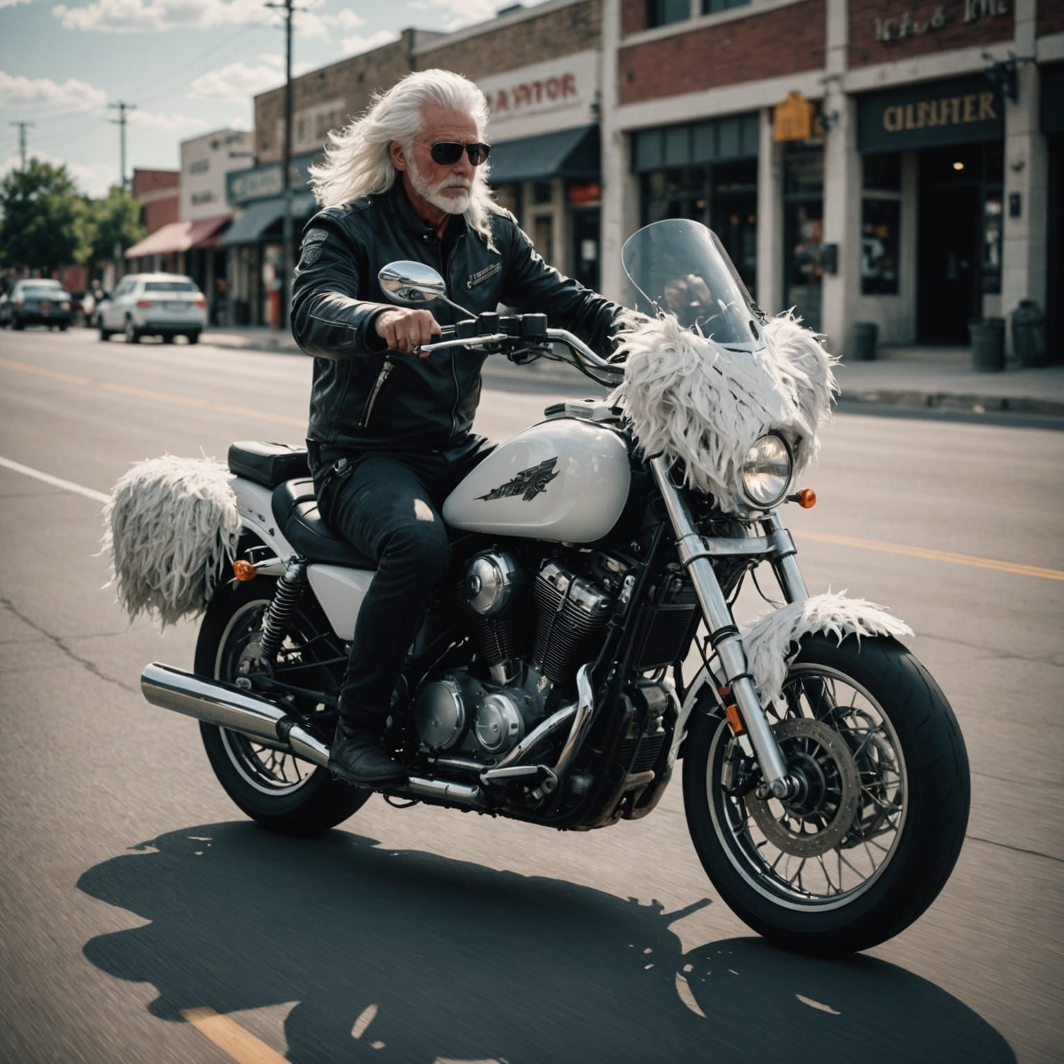 Motorcycle Covered in White Hair: Cinematic Still