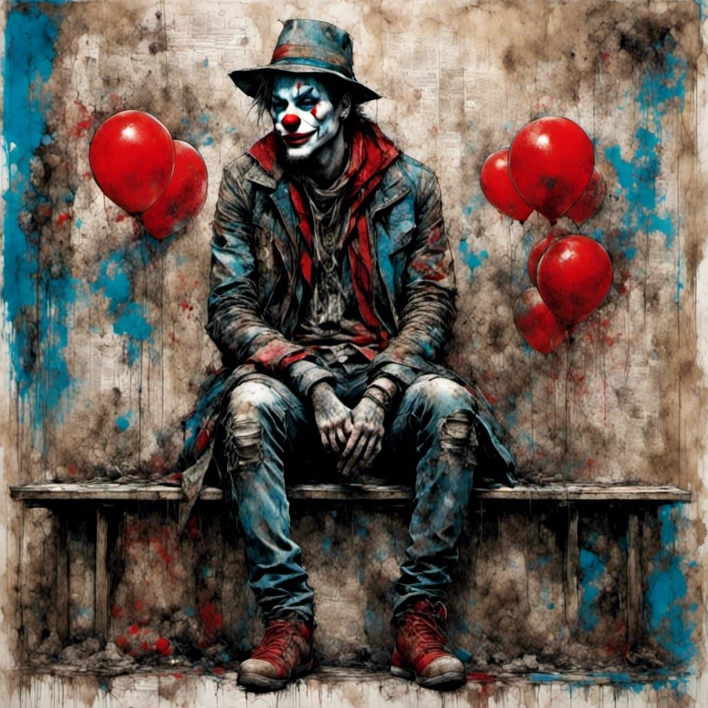 Clown at Bus Stop in Abstract Style