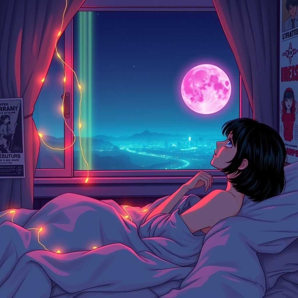 Dreamy Retro-Futuristic Scene with a Woman Gazing at a Full ...