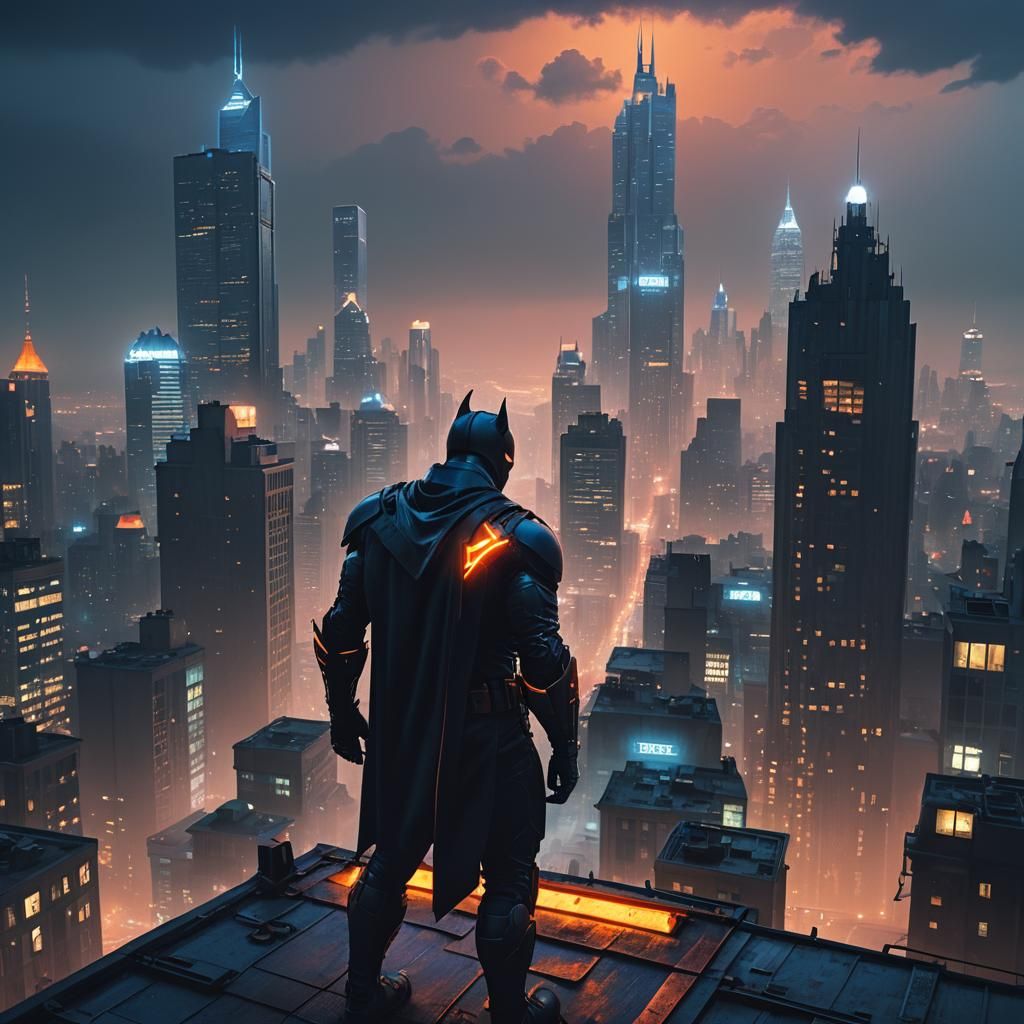 Dark Superhero on Gotham Rooftop in Cinematic Style