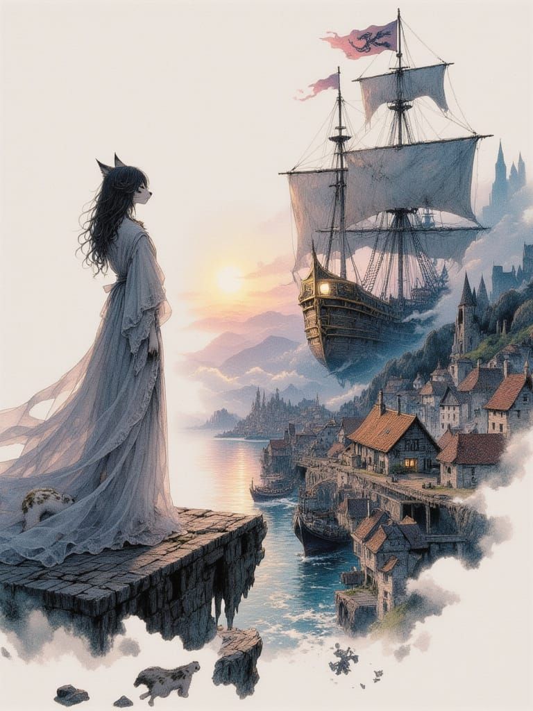 Catgirl Overlooks Fantasy Harbor City at Sunset