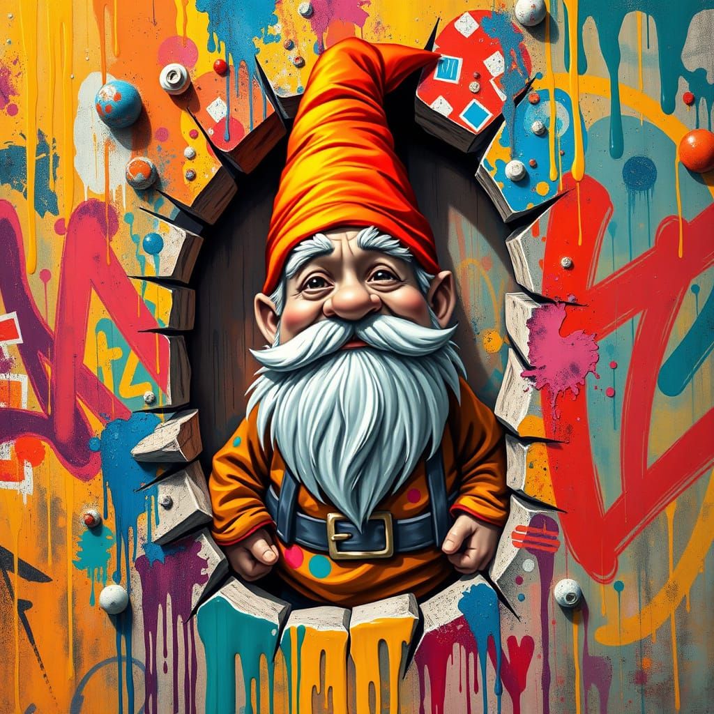 Gnome Breaks Graffiti Wall in Street Art Style