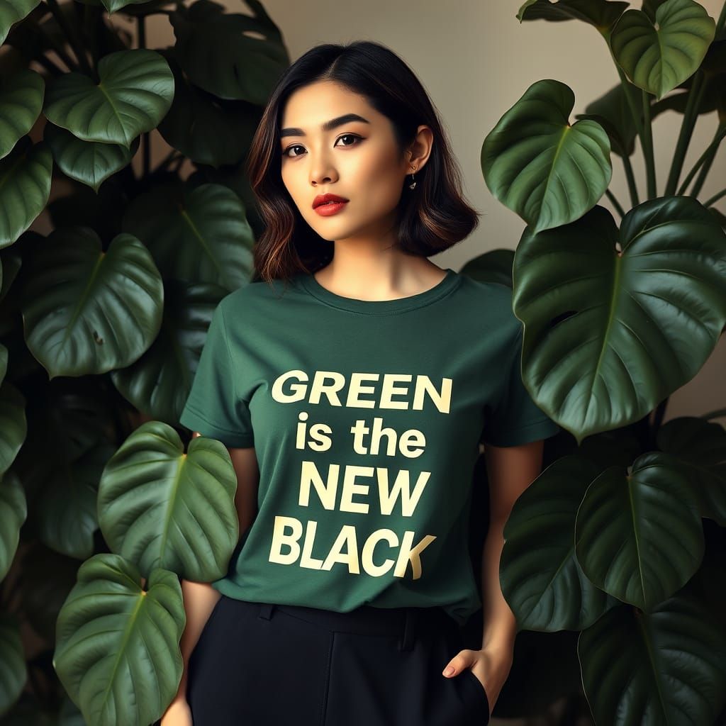 Elegant Woman in Green T-Shirt with Foliage