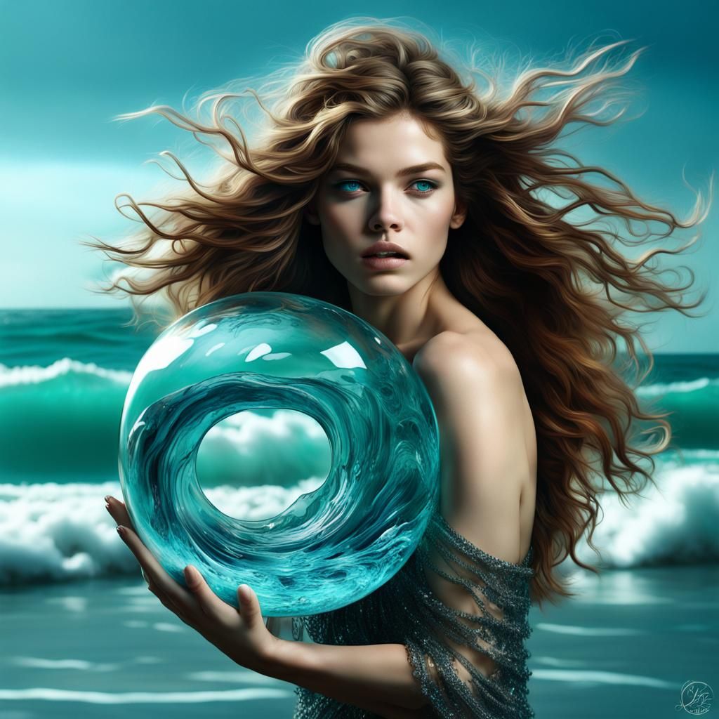 Barbara Palvin and a Glass Wave Sculpture