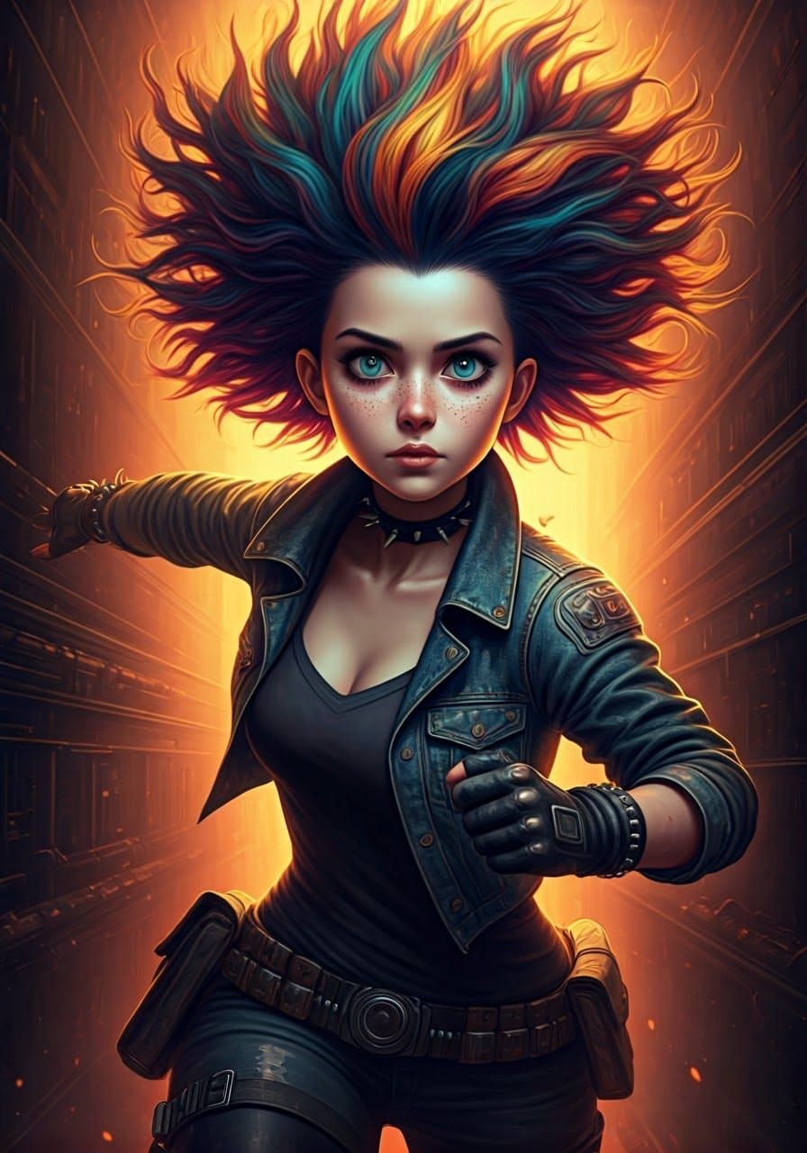 Punk Girl with Galaxy Hair in Motion