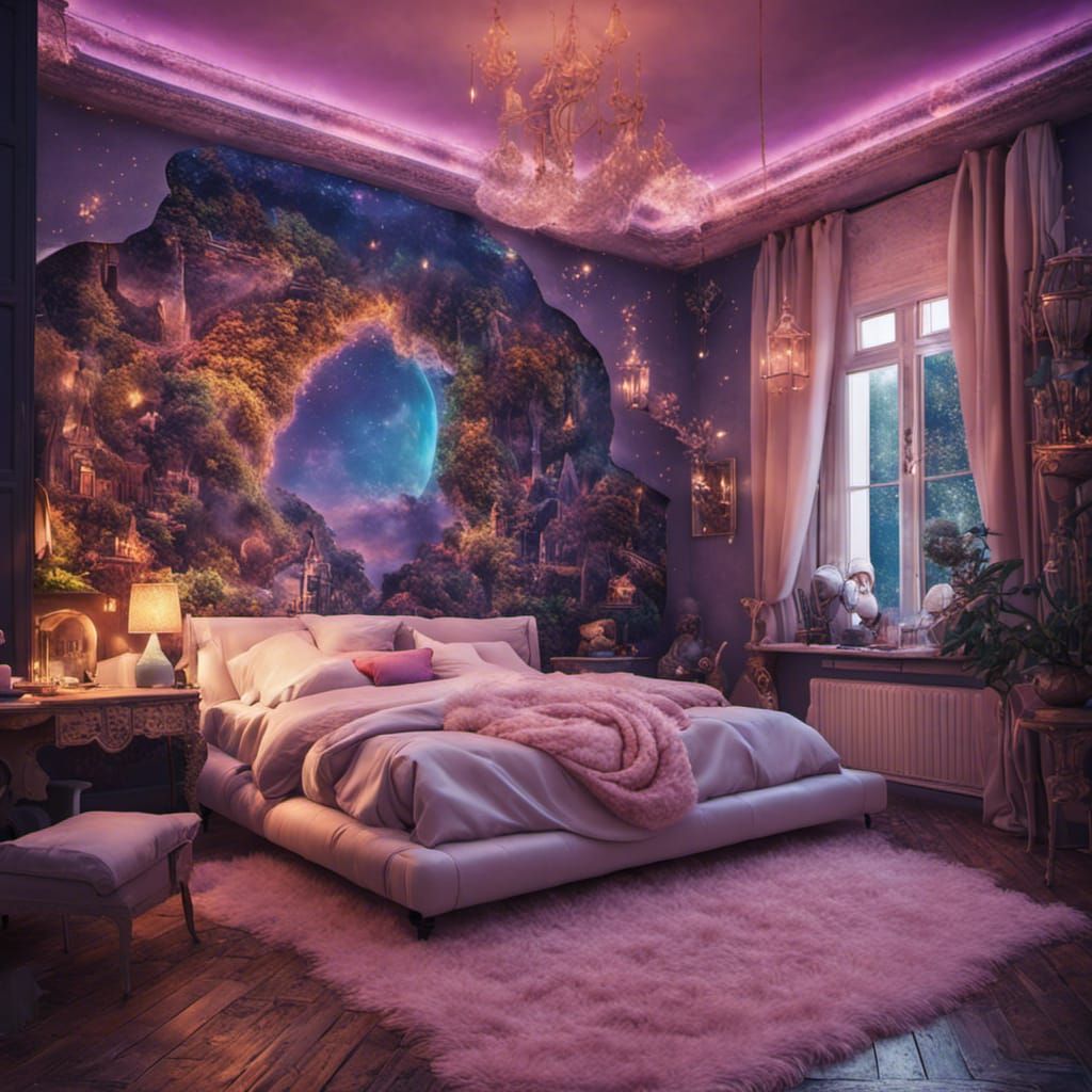 Maximalist Solarpunk Bedroom with Golden Light