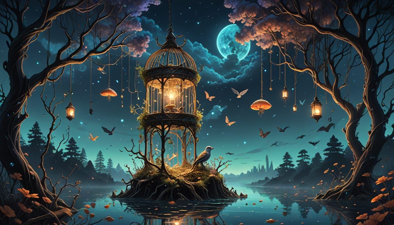 Surreal Floating Birdcage with Ethereal Ecosystem