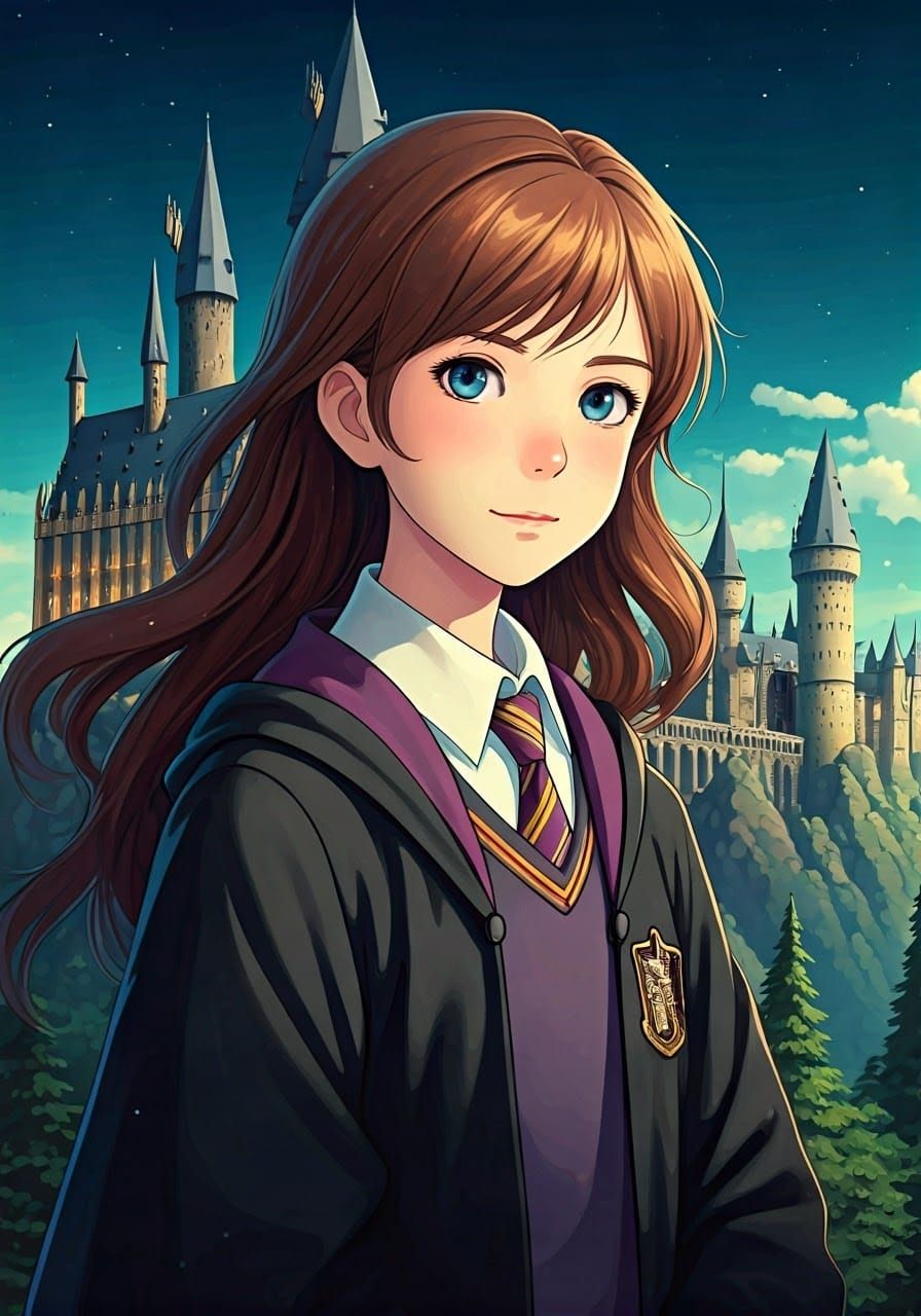 Studio Ghibli-Inspired Hogwarts Girl in Purple Hufflepuff Un...