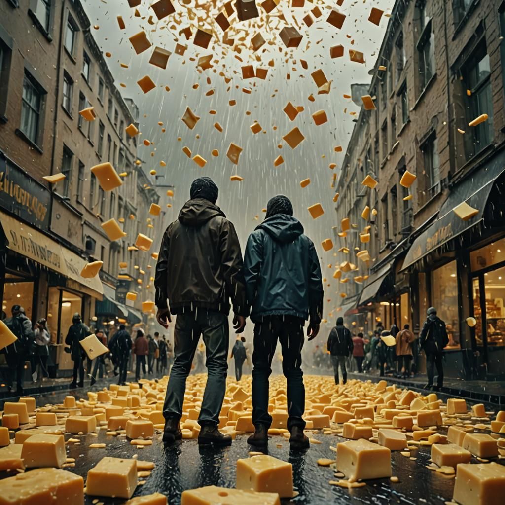 Cinematic Cheese Rain: A Dramatic Film Still