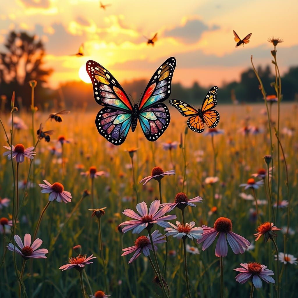 Stained Glass Butterflies in Sunset Meadow