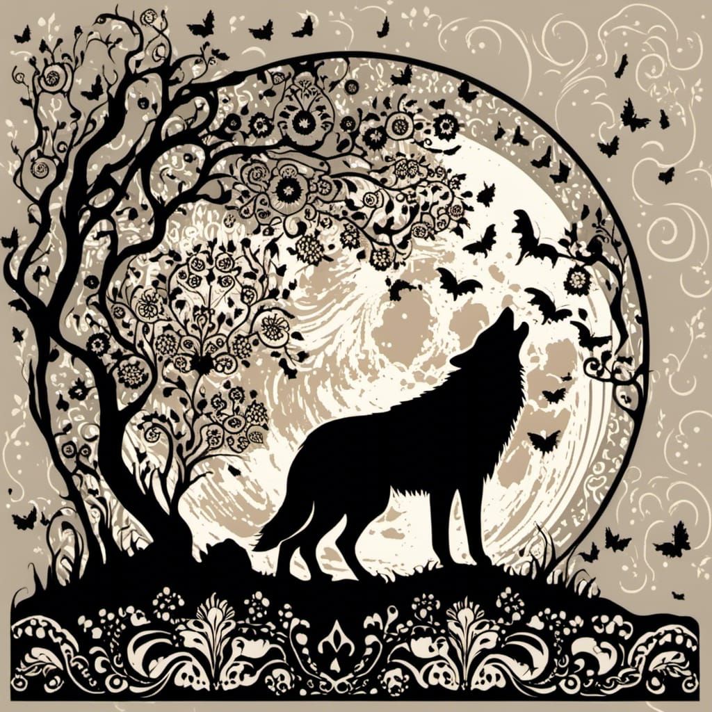 Lace Wolf Silhouette Howling at the Moon