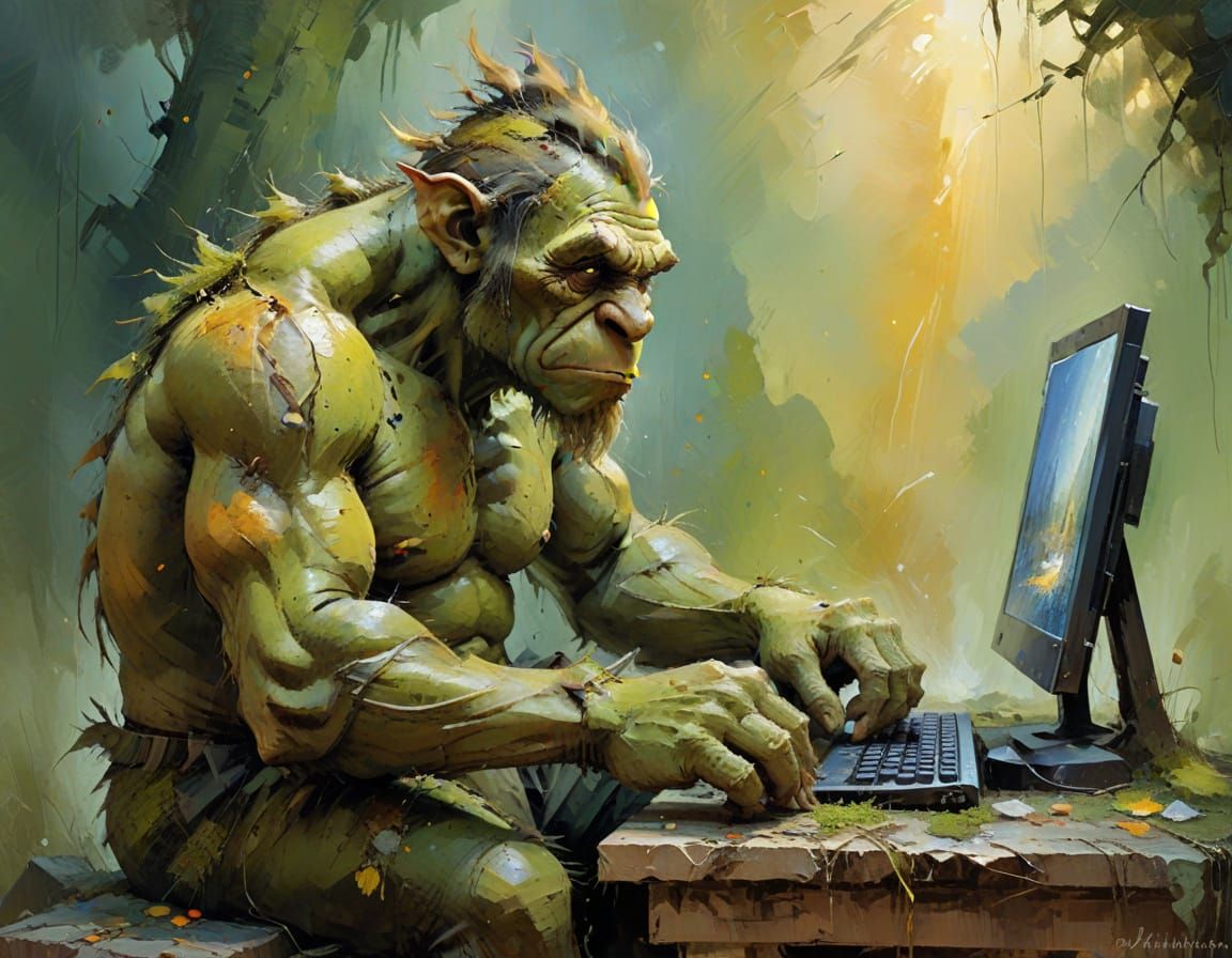 Troll at Computer: Surreal Impasto Oil Painting