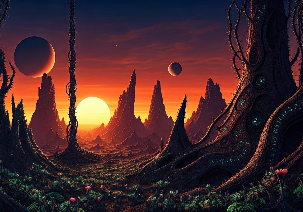 Ethereal Alien World with Iridescent Blooms and Gravitationa...