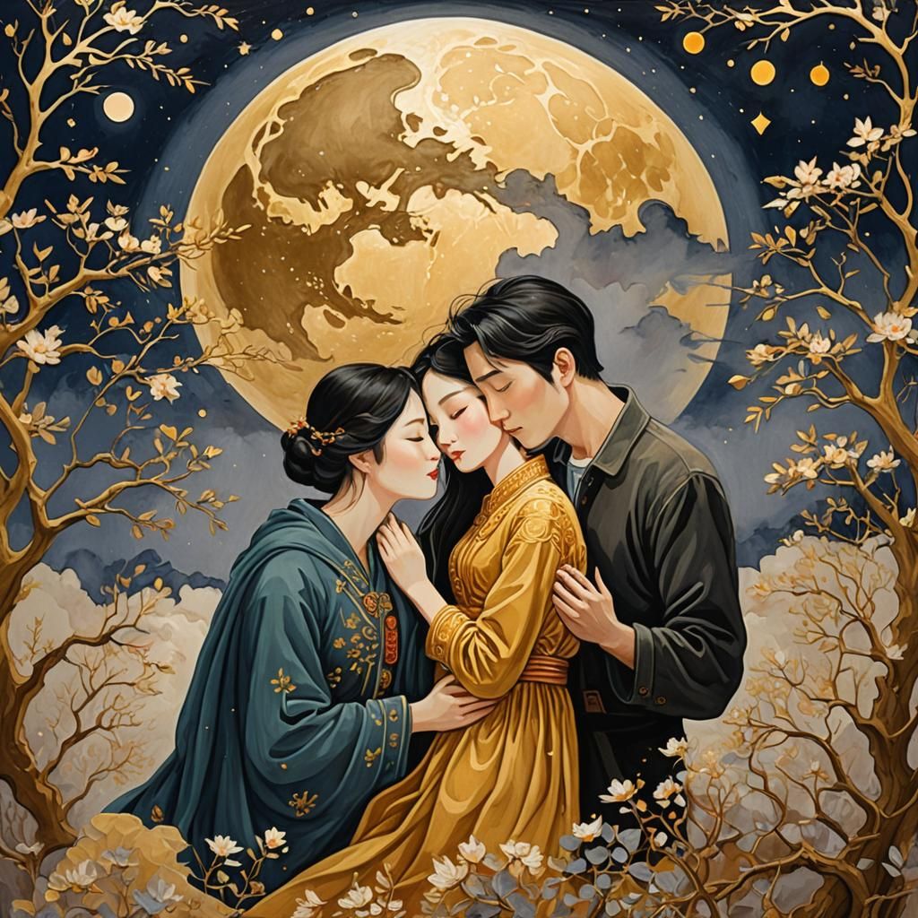 Lovers Embrace in Golden Moonlight: Gouache Painting