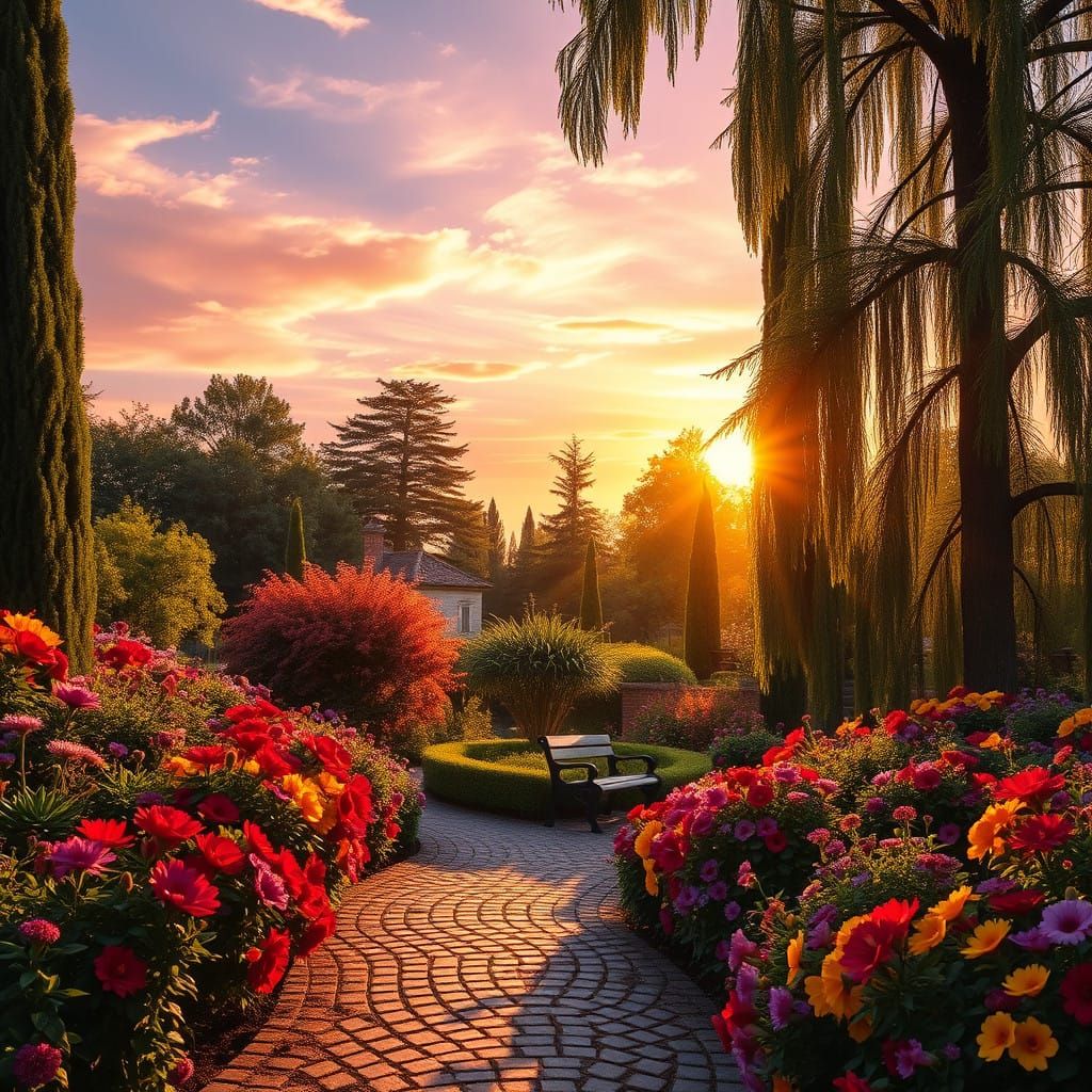 Tranquil Garden in Vibrant Sunset Splendor