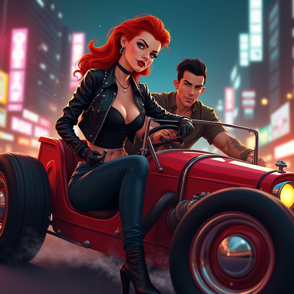 Rockabilly Woman Speeds Through Neon City Streets in a Cherr...