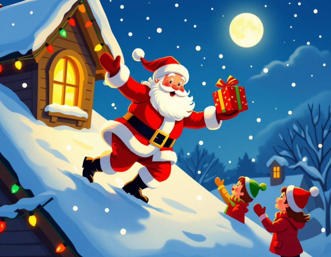 Santa Slides Down Rooftop Delivering Presents
