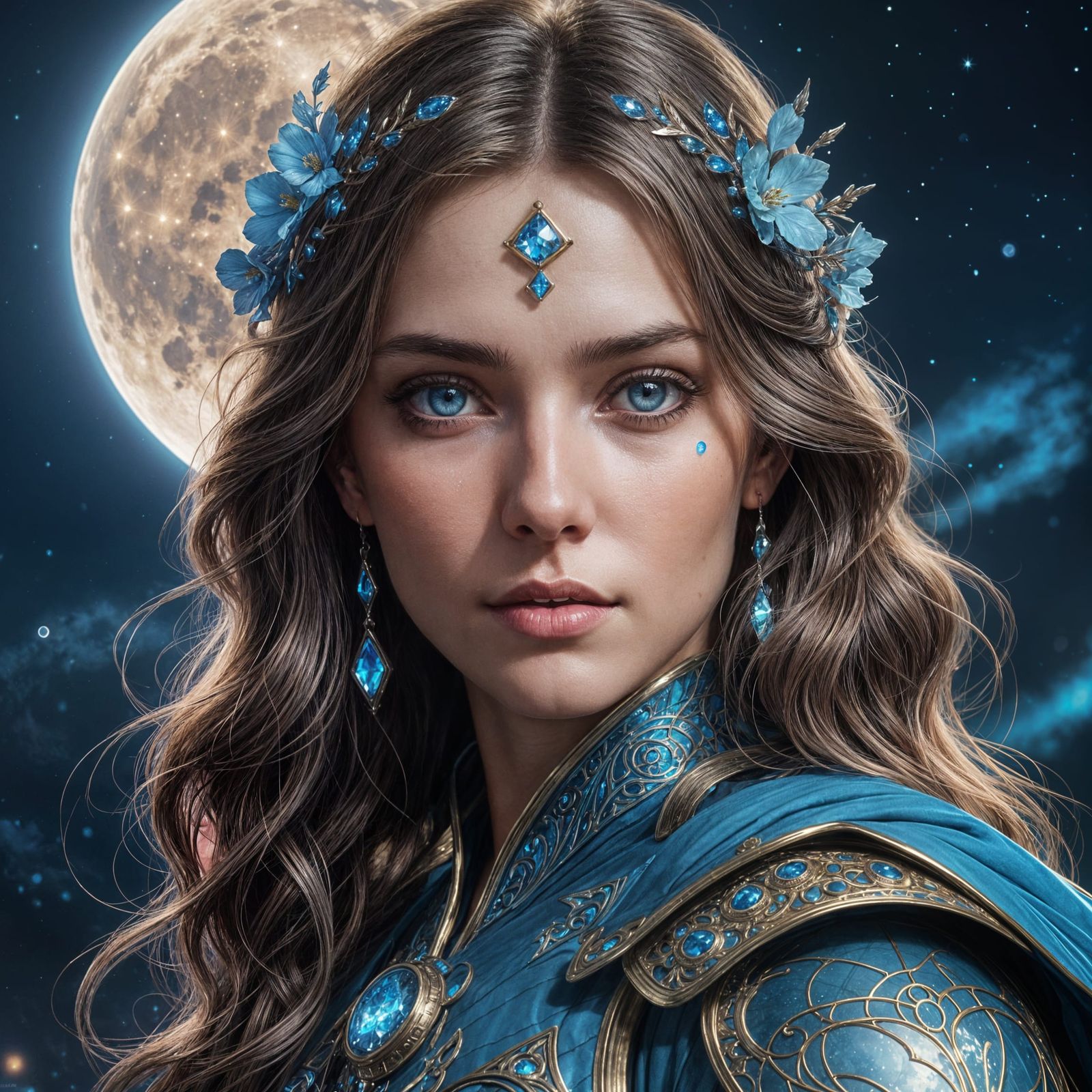 Blue Eyes Reflecting August Moon, Hyperdetailed Portrait