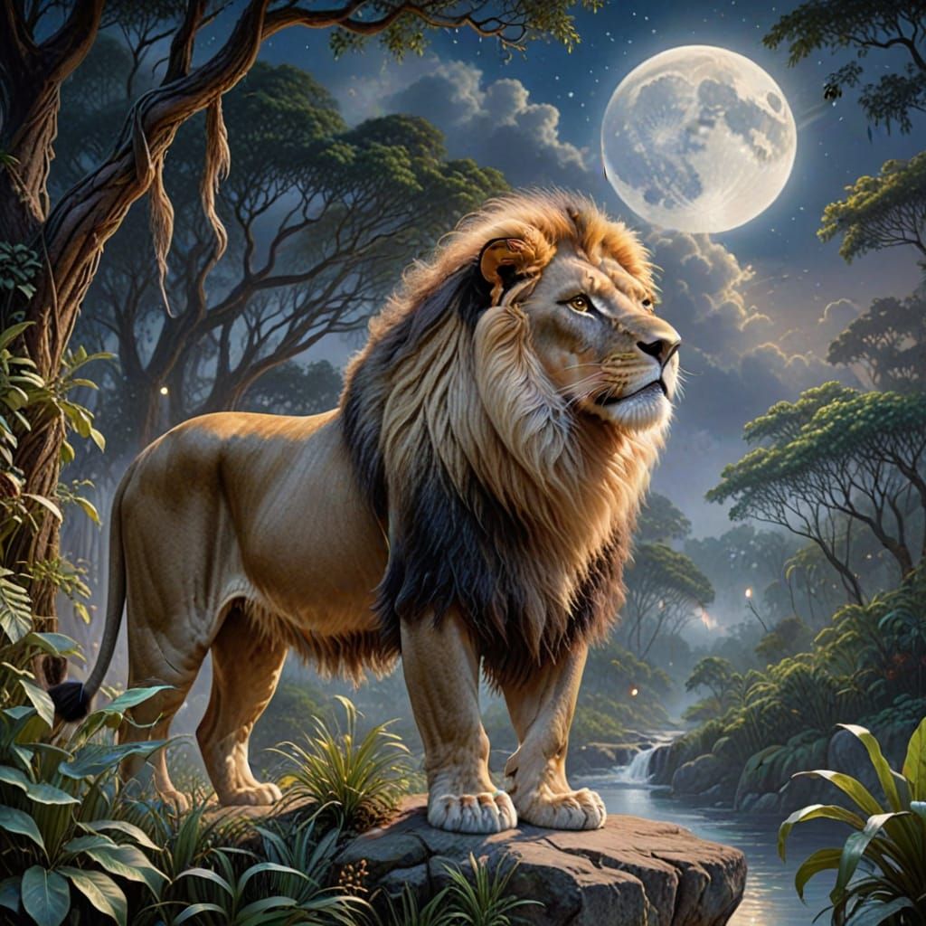 photo realistic Lion with long fur extending into mist set against a jungle moonlit sky ethereal fantasy hyperdetailed m...