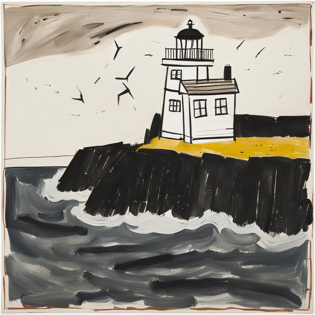 Lighthouse on Stormy Cliff, Naive Art Style