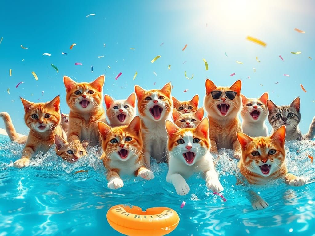 Cats Enjoying a Vibrant Pool Party