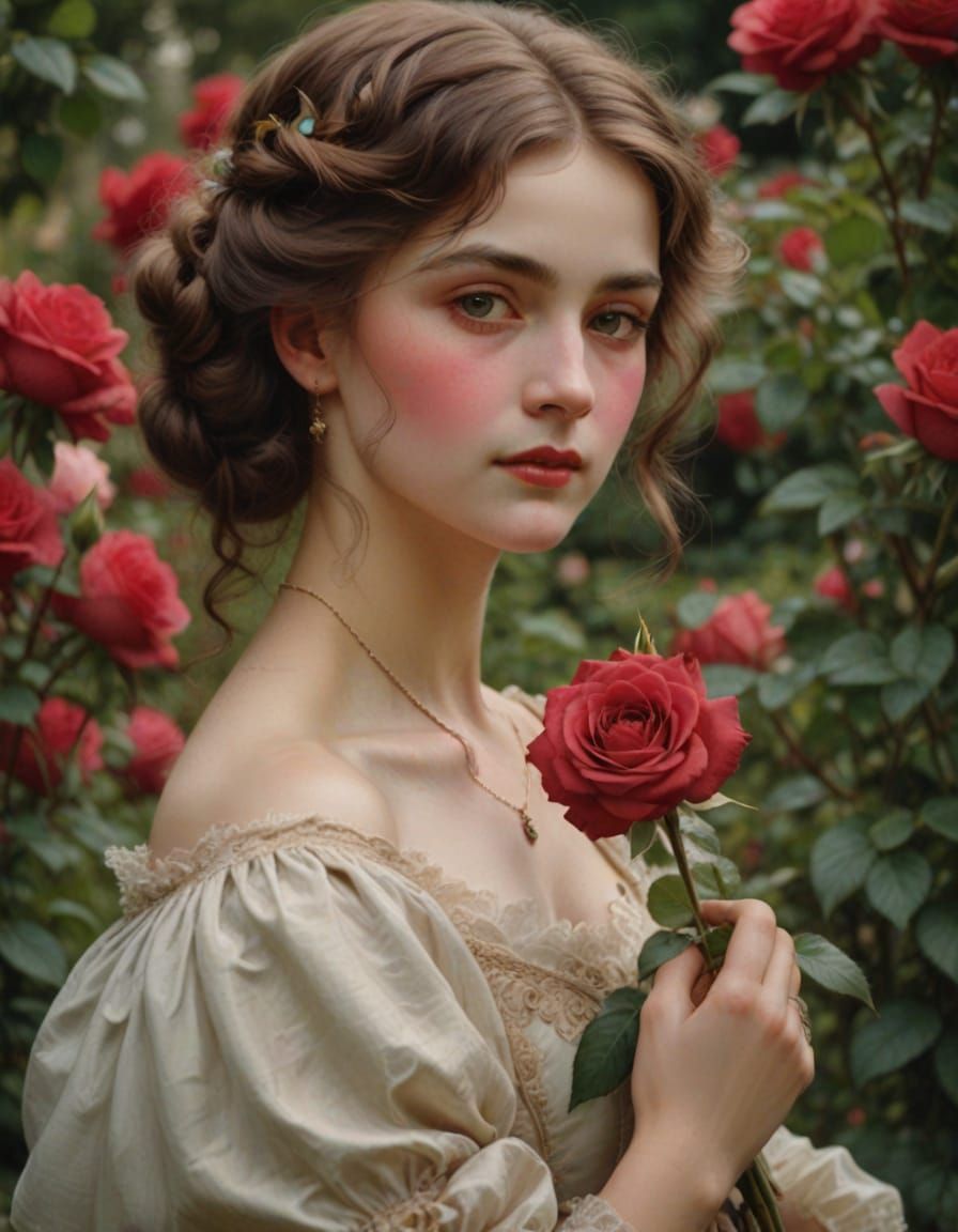 Elegant Victorian Lady in a Floral Garden Scene