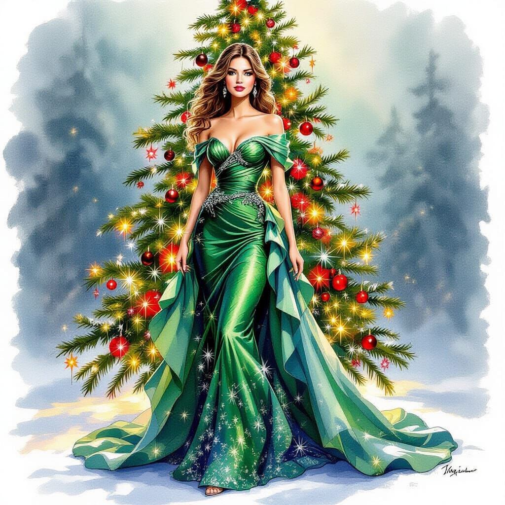 Emerald Evening Gown with Sequined Tree Detail