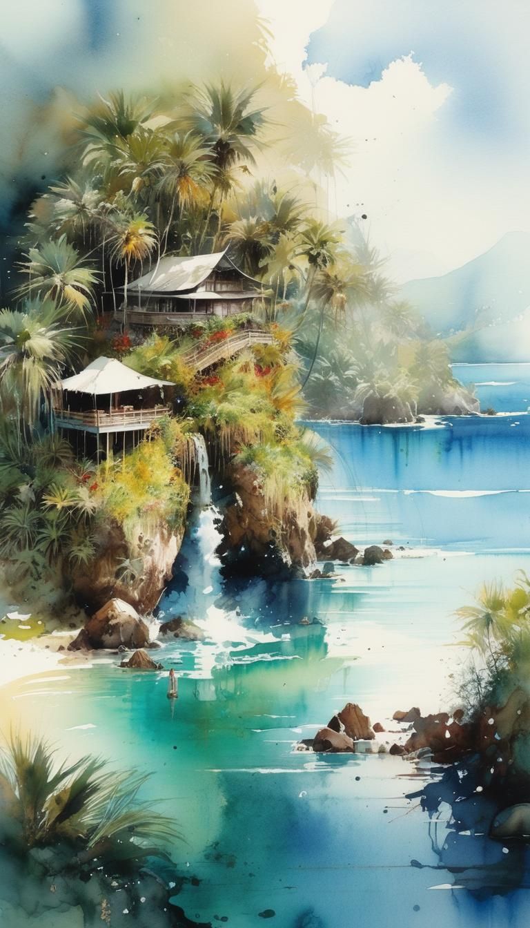 Watercolor Island Oasis: A Tranquil Masterpiece