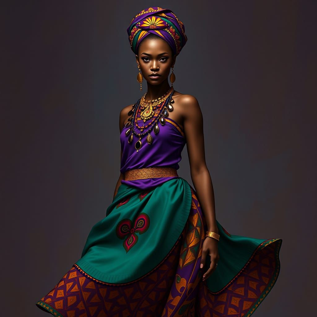A Regal Dark-Skinned Woman in Vibrant African-Inspired Attir...
