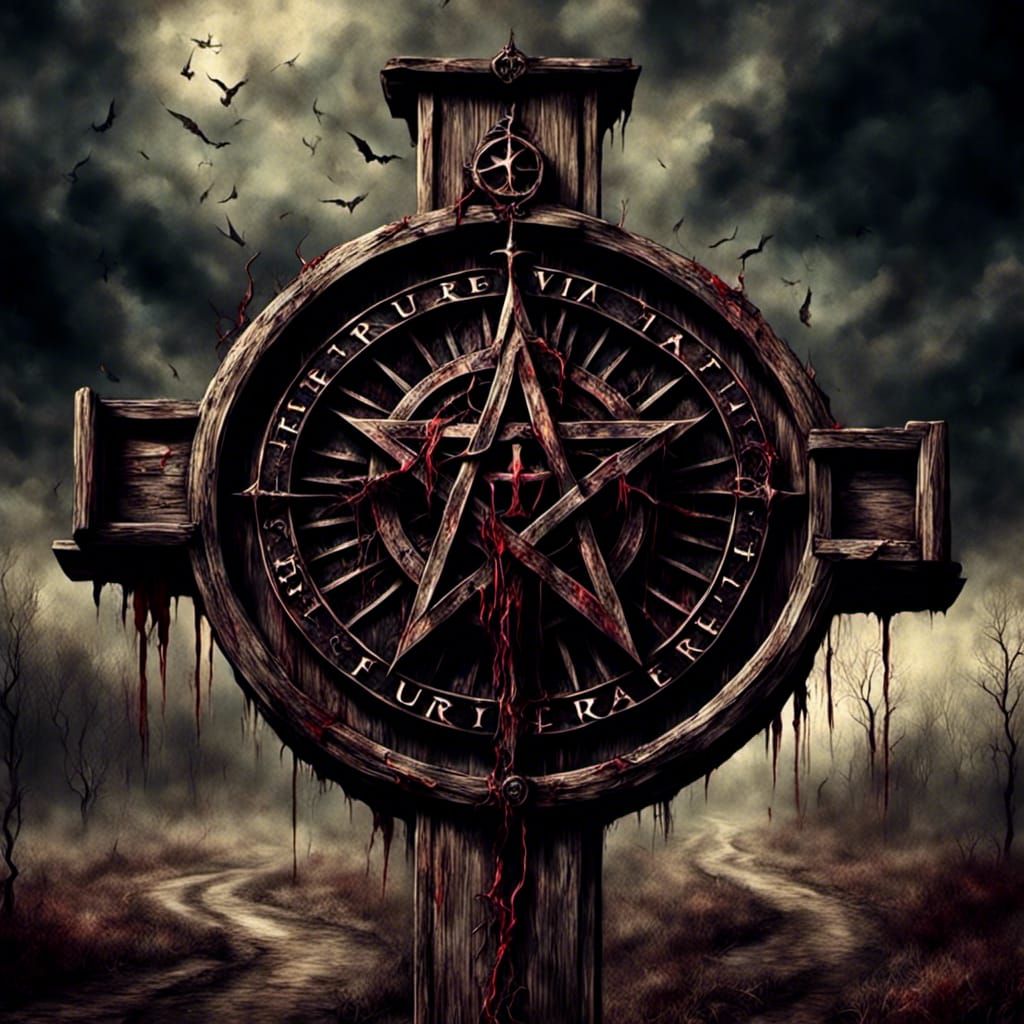 Satanic Signpost With Pentagram and Latin Inscription