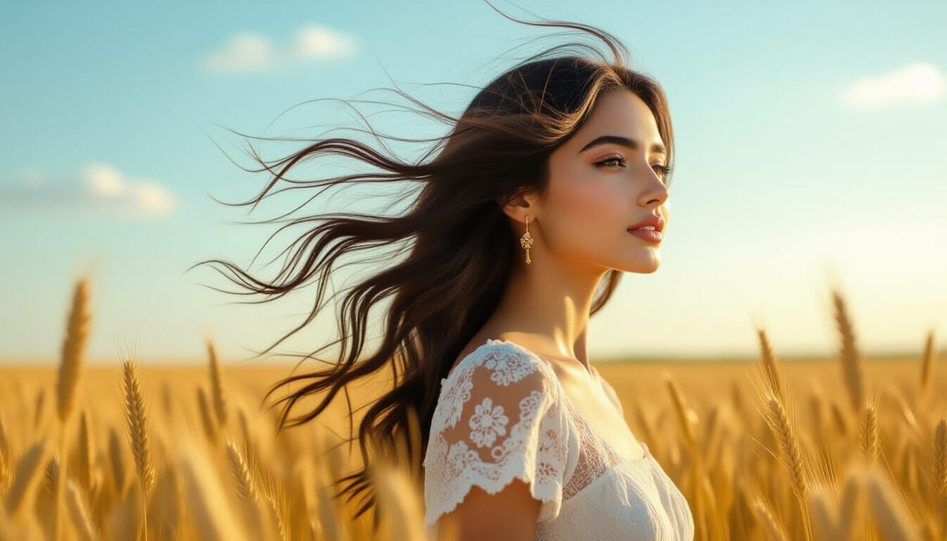 Cinematic Portrait: Persian Woman in Golden Wheat Field