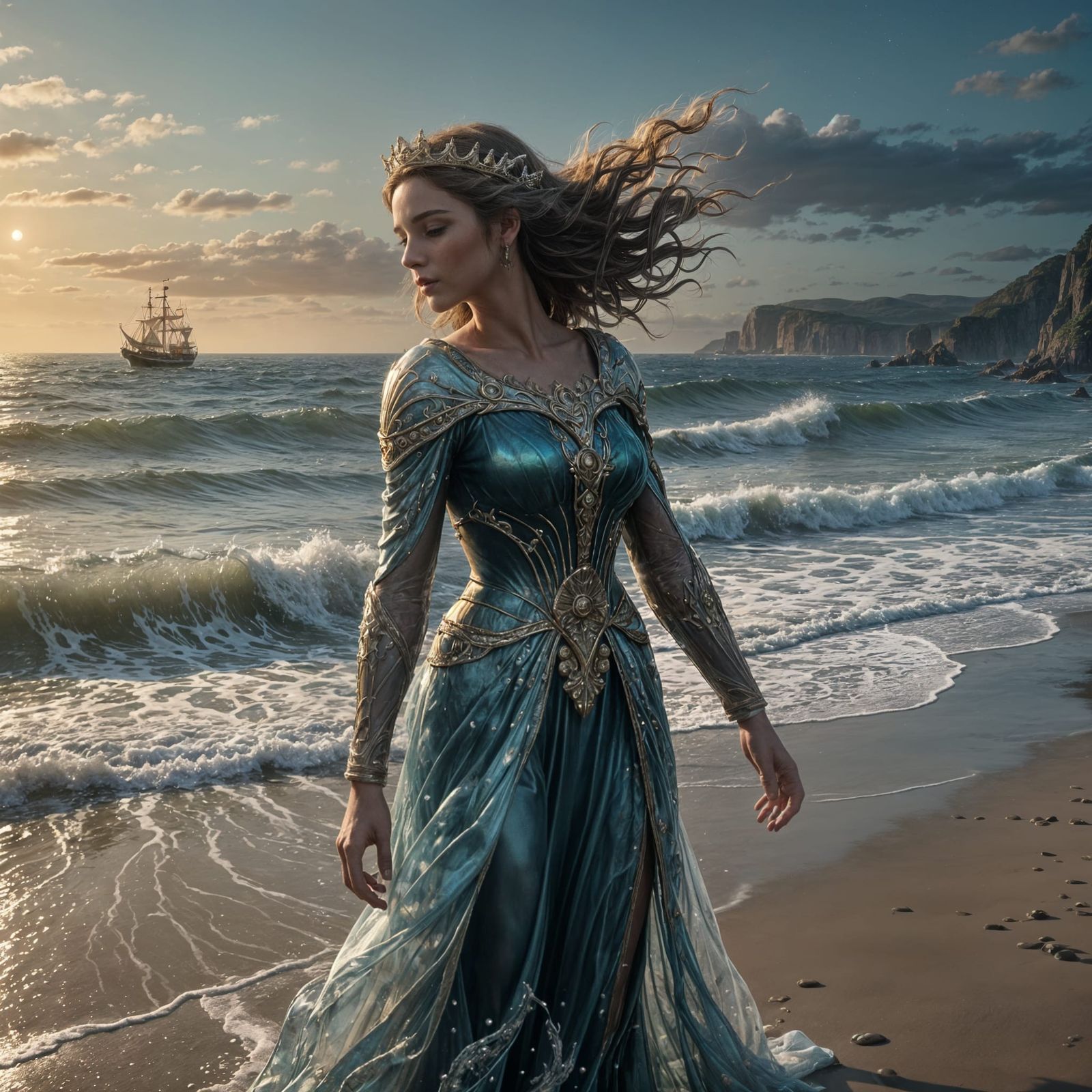 Ethereal Sea Queen Emerges with Sleeping Man