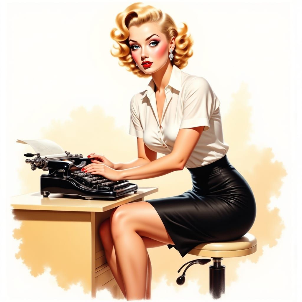 1950s Pin-Up Woman with Typewriter in Watercolor Style