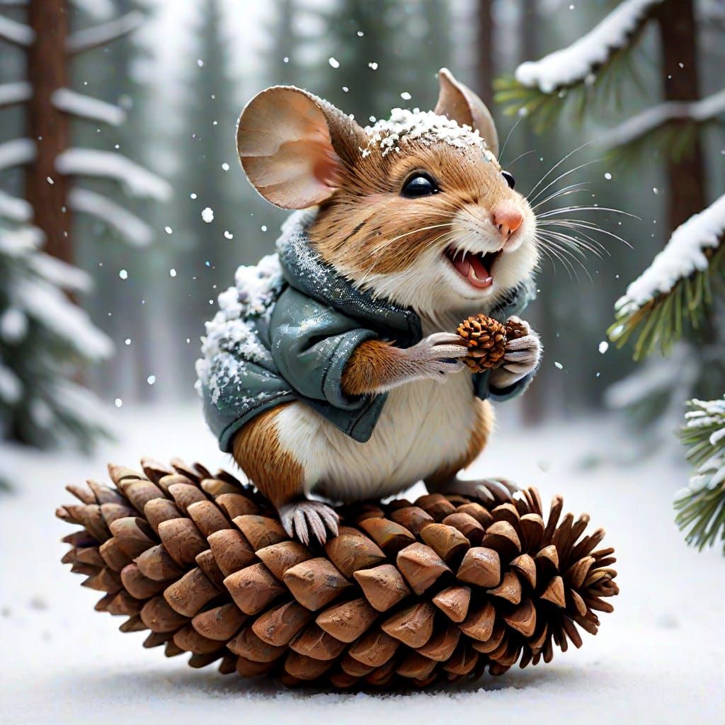Joyful Mouse Sleds Down Snowy Pine Cone in Winter Wonderland