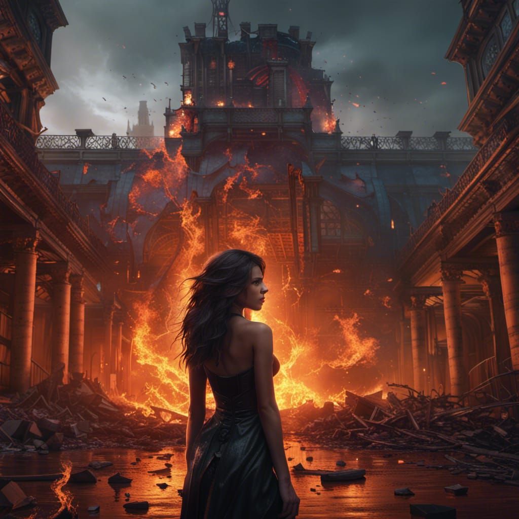Beautiful Woman in Burning City, Dark Fantasy Art