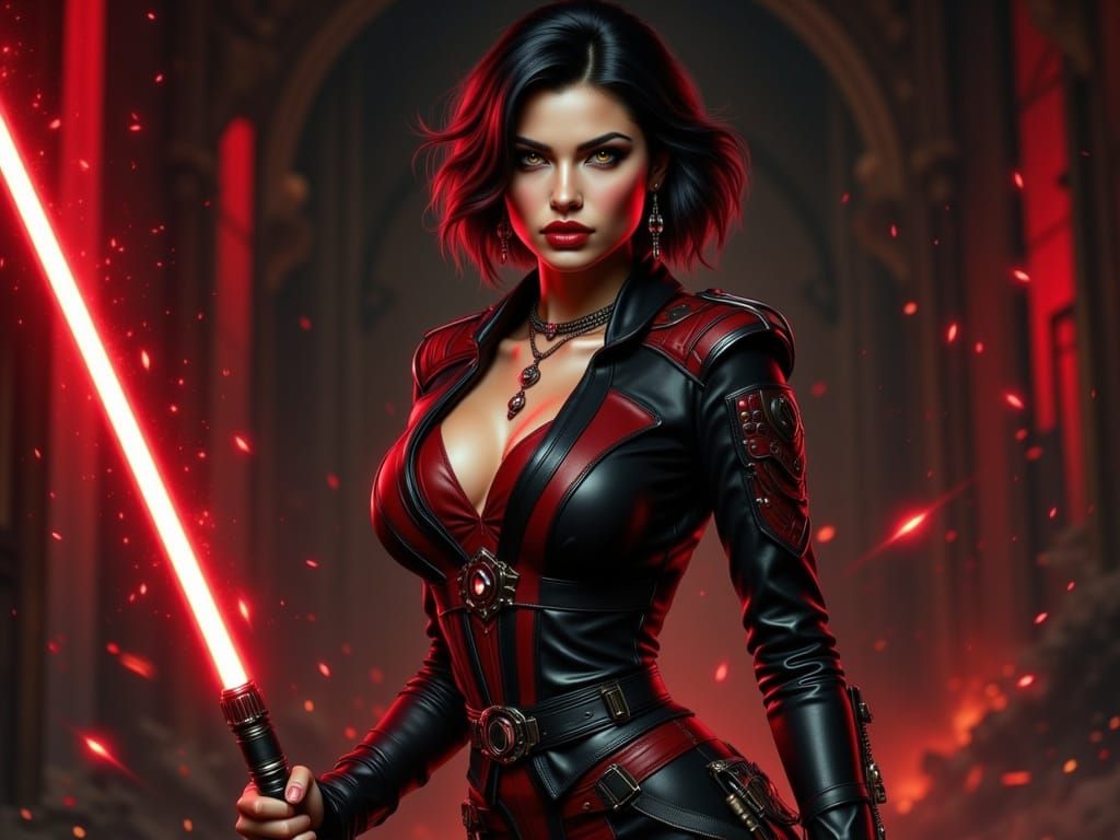 Female Jedi with Crimson Staff in Art Nouveau Style