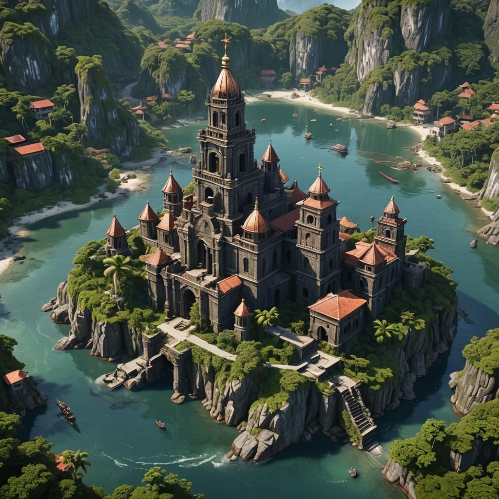 Island Monastery with Anti-Air Defenses: Matte Painting