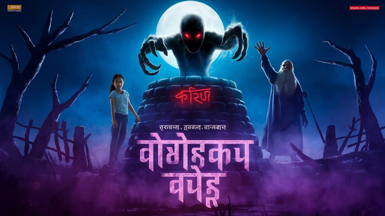 Eerie Moonlit Scene with Ancient Well and Sinister Figure