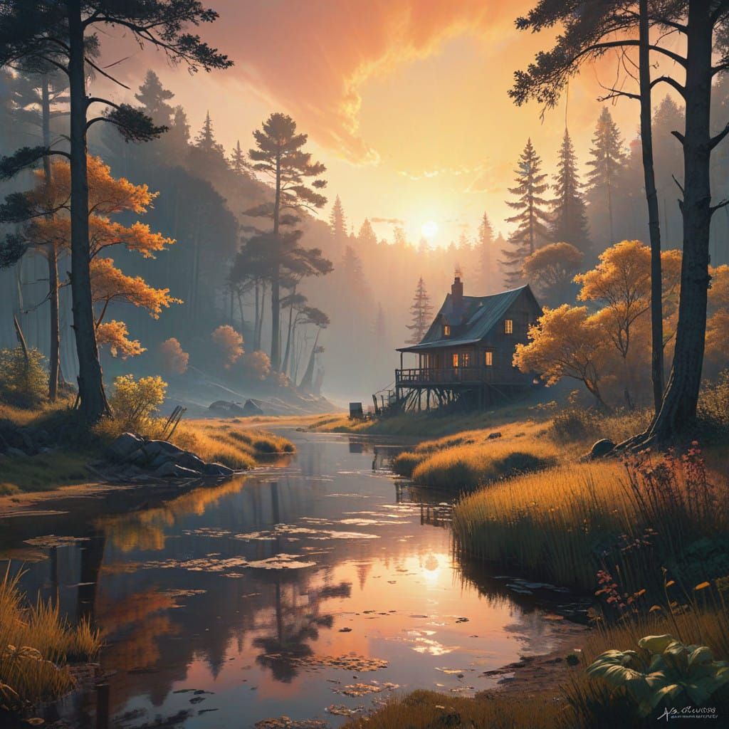 Dreamy Summer Sunset in Impressionist Watercolor Style