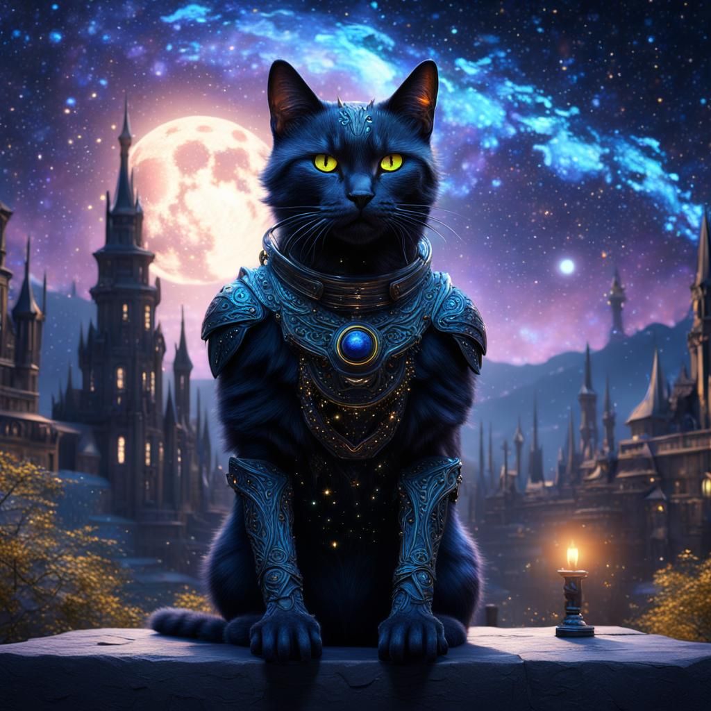 Humanoid Cat Teenager in Starry Night Fantasy Art
