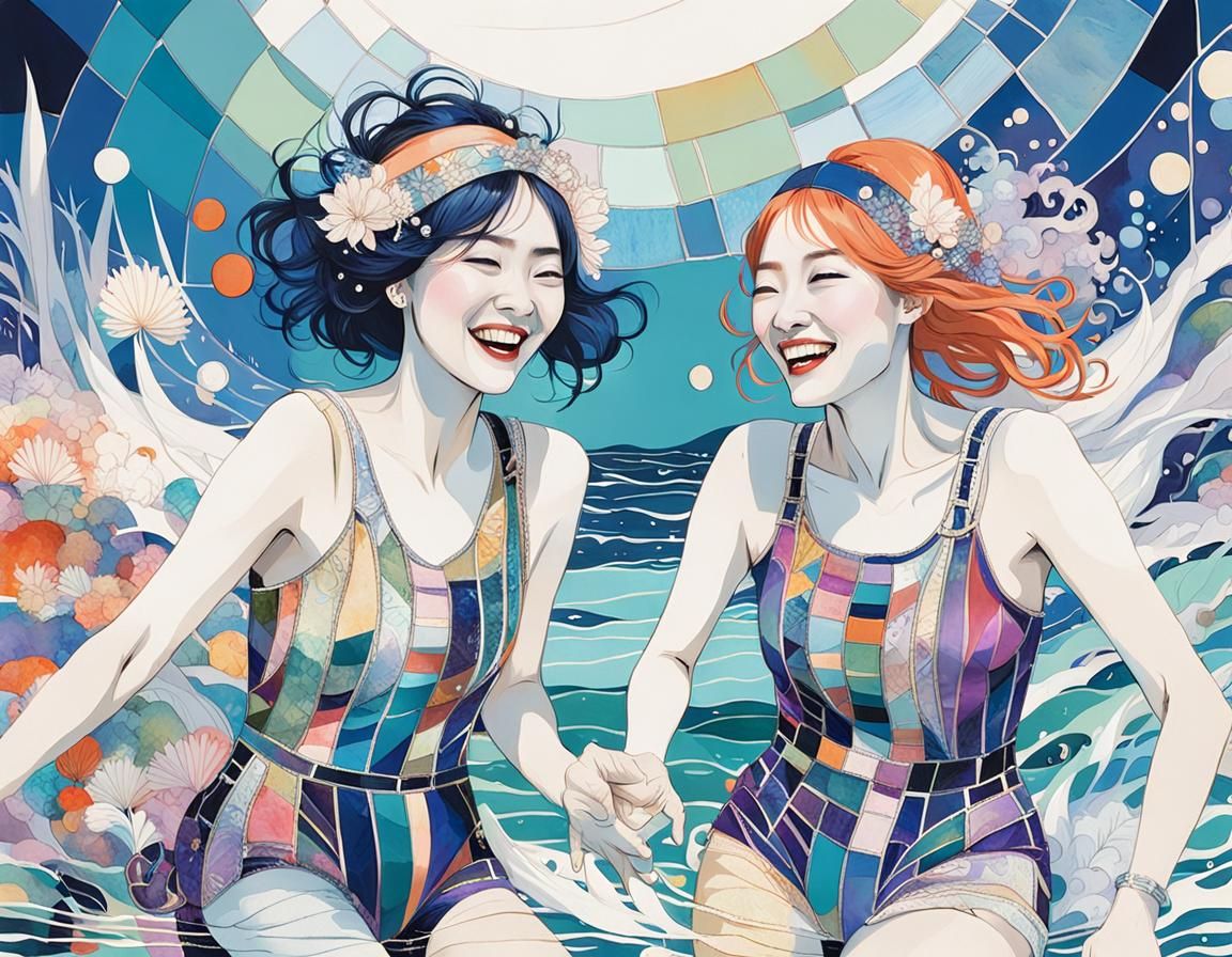 Indonesian Women Swim in Art Nouveau Style